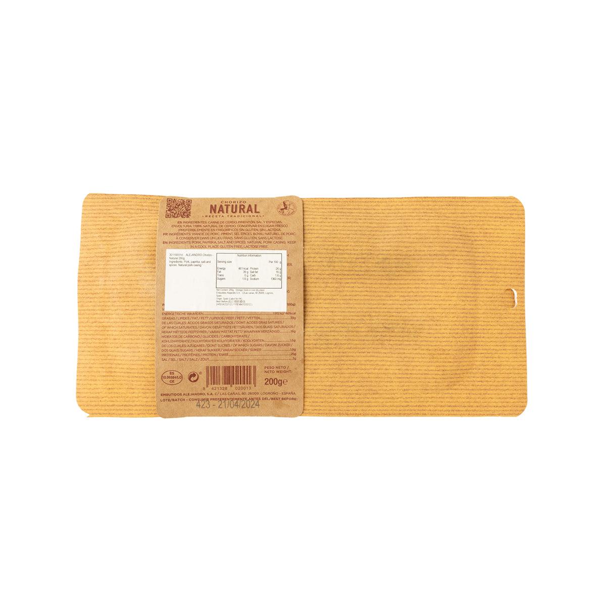 Back of Natural chorizo package with nutrition panel and 200 g label, Alejandro