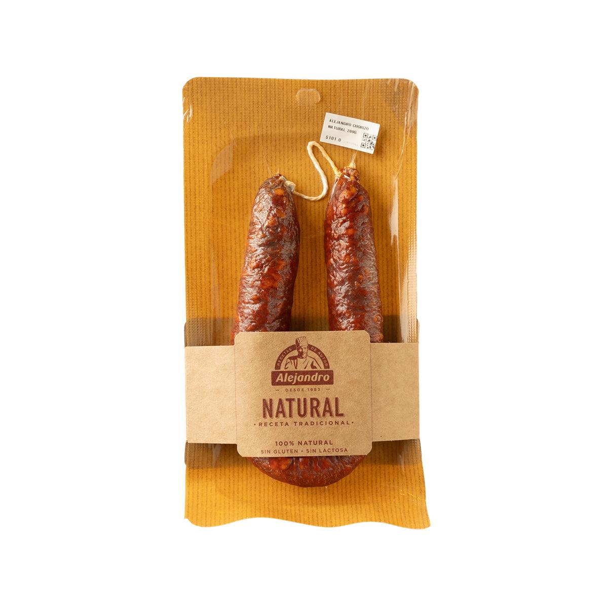 Natural chorizo sausages in clear package, Alejandro Natural label, 200 g