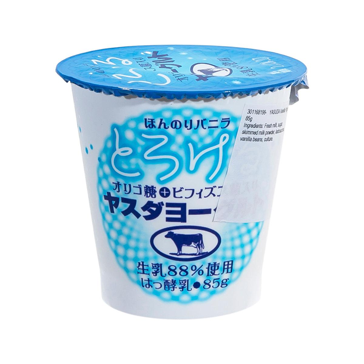 YASUDA vanilla yogurt cup, 85g, blue foil lid and blue graphic label