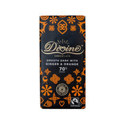DIVINE dark chocolate bar package with ginger and orange, 70% cocoa, 90 g