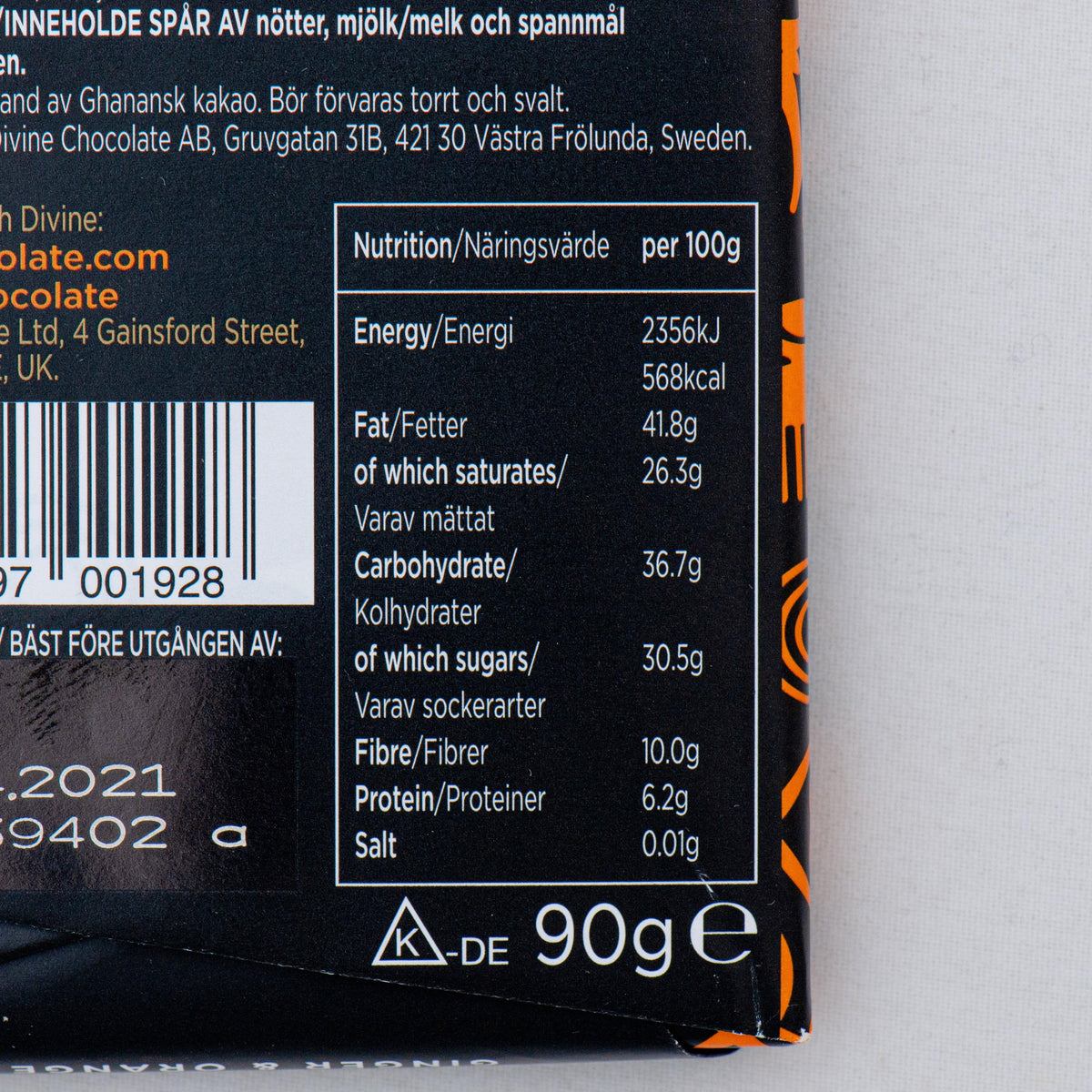 DIVINE dark chocolate 90 g label close-up with nutrition table and barcode
