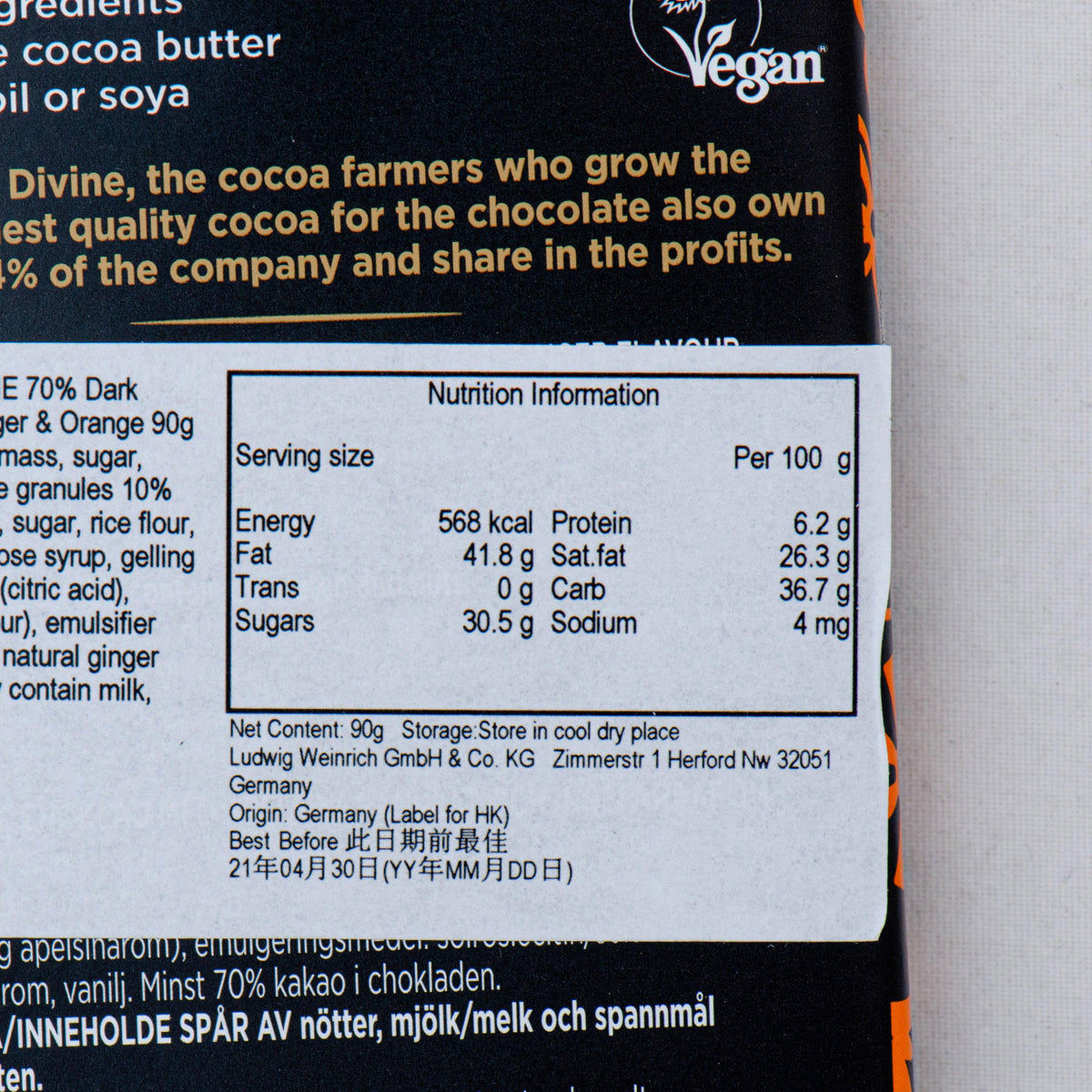 DIVINE dark chocolate nutrition information panel on back, 90 g