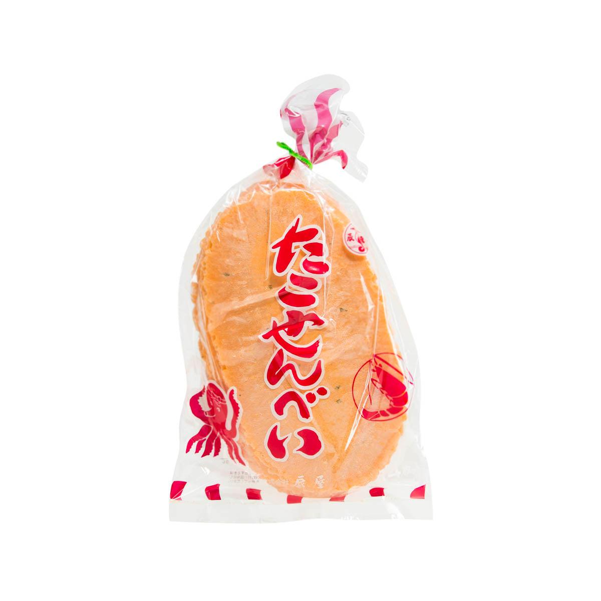 TATSUYA shrimp cracker pouch with orange oval crackers, red Japanese label
