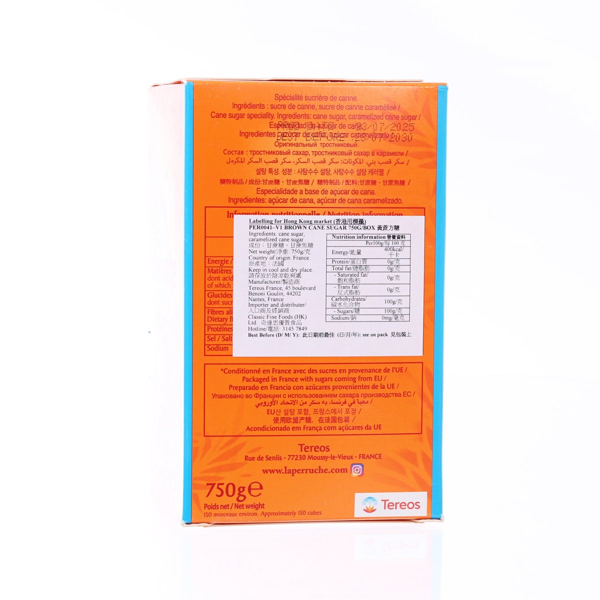 LA PERRUCHE 750g cane sugar cubes box, back label with ingredients and nutrition