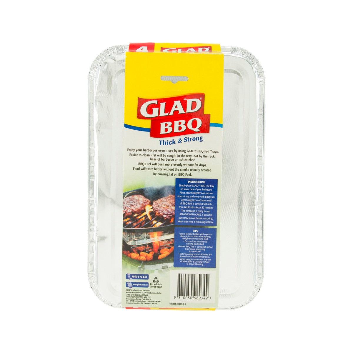 GLAD BBQ foil trays, 4-pack; back label with usage instructions on tray