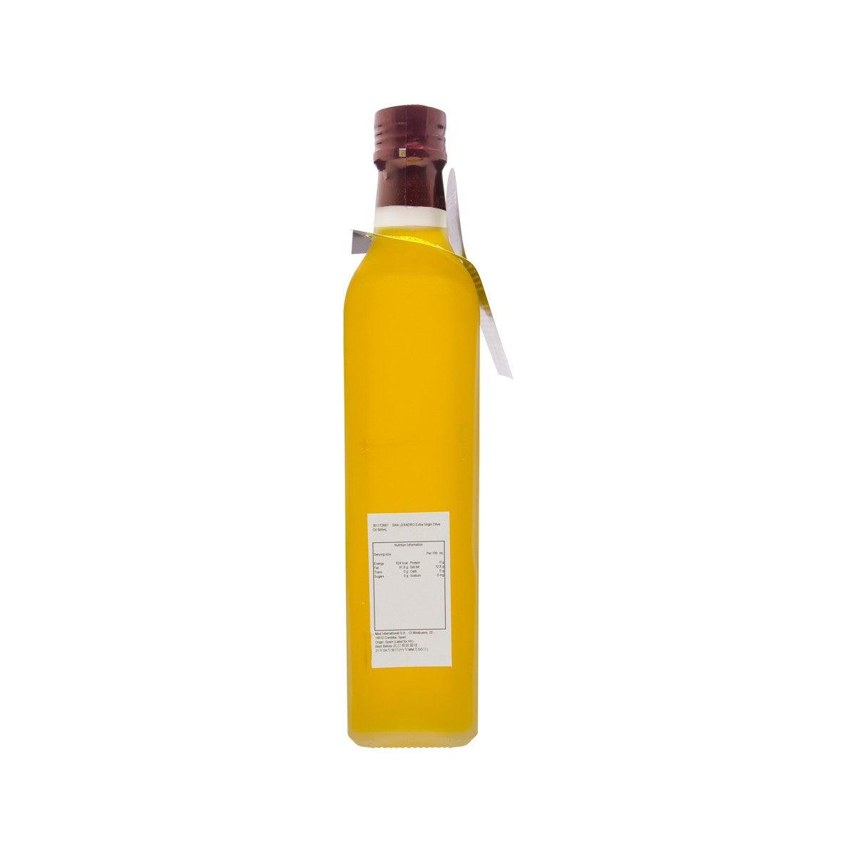 SAN LEANDRO extra virgin olive oil 500 mL bottle, back label, dark cap