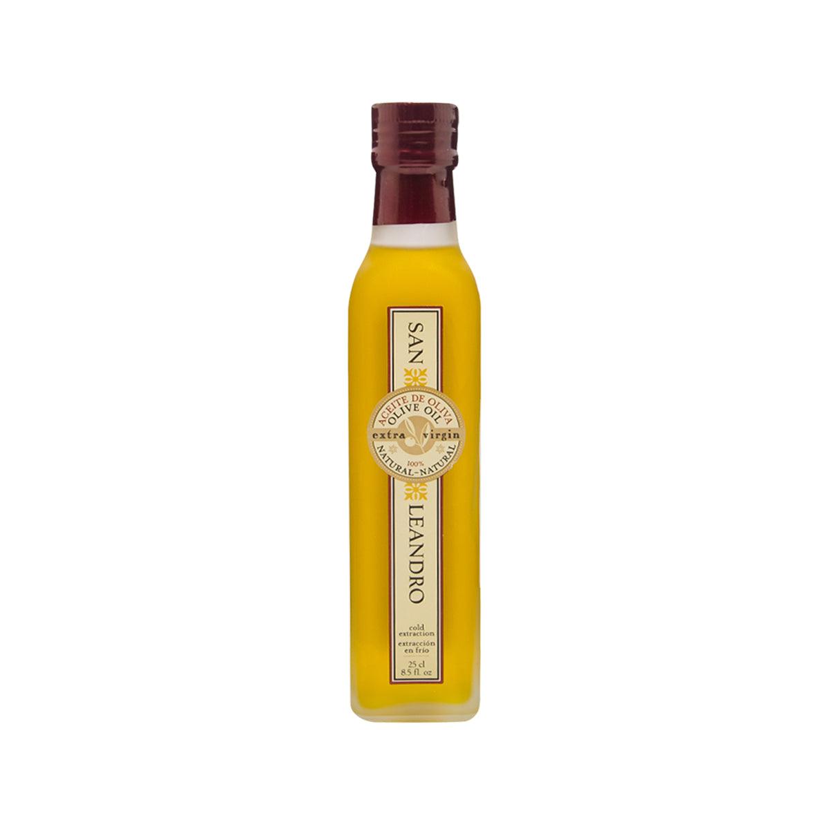 SAN LEANDRO extra virgin olive oil bottle with front label and golden oil