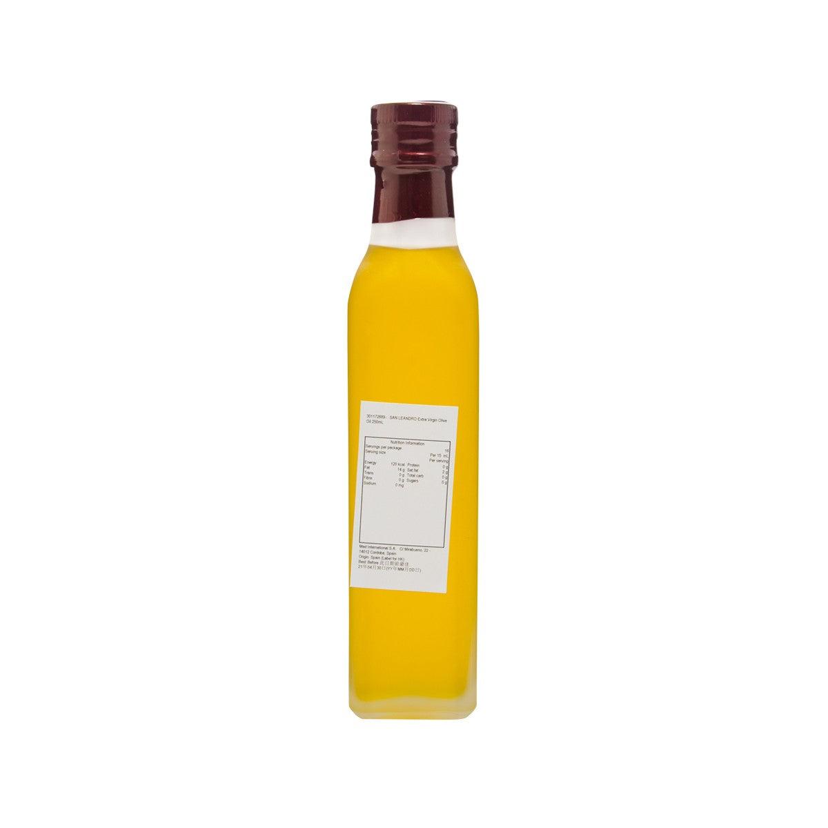 SAN LEANDRO extra virgin olive oil bottle with back label and golden oil