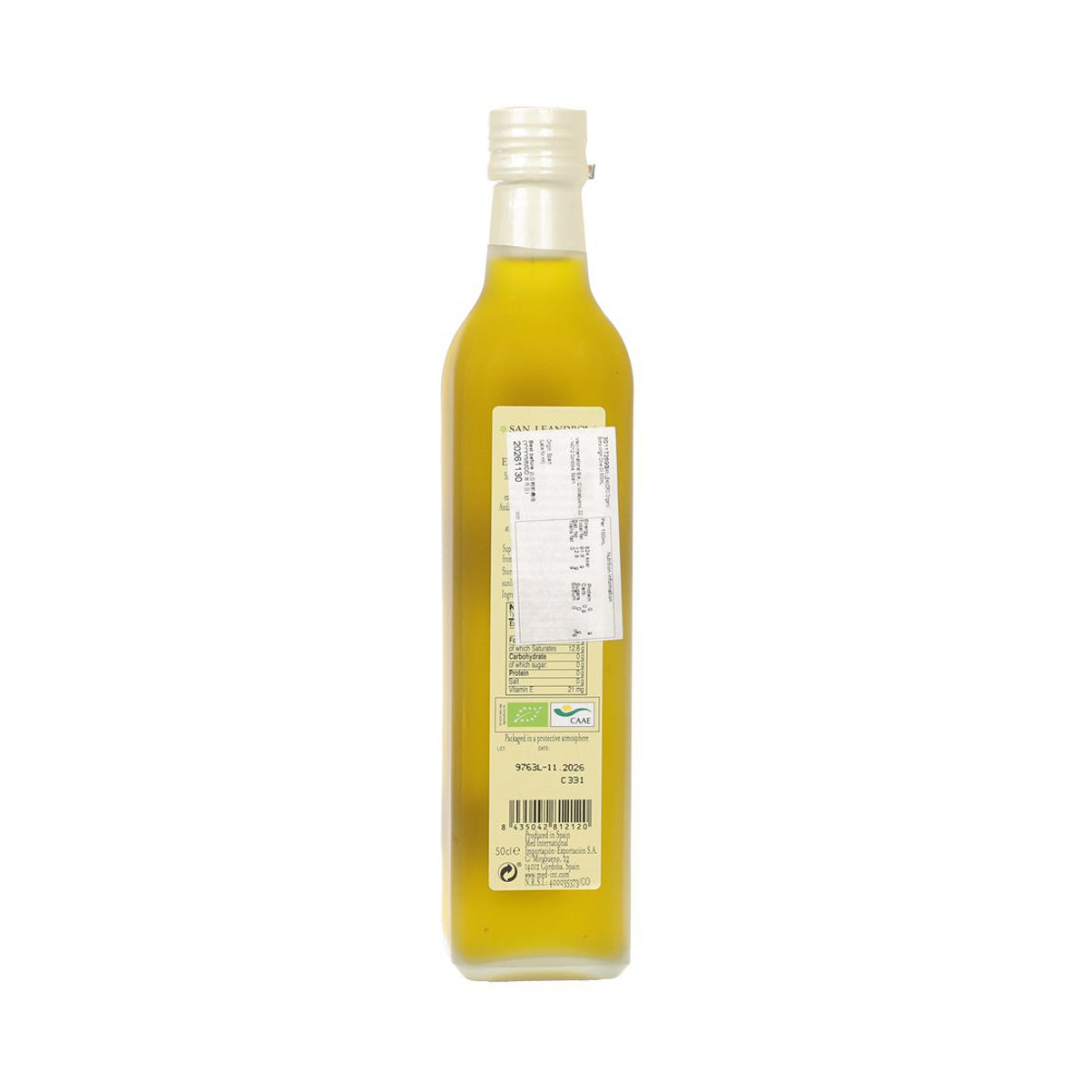 SAN LEANDRO organic extra virgin olive oil bottle, 500 mL, back label