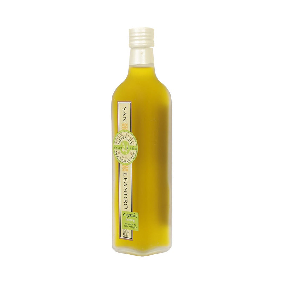 SAN LEANDRO organic extra virgin olive oil bottle, 500 mL, side/front view