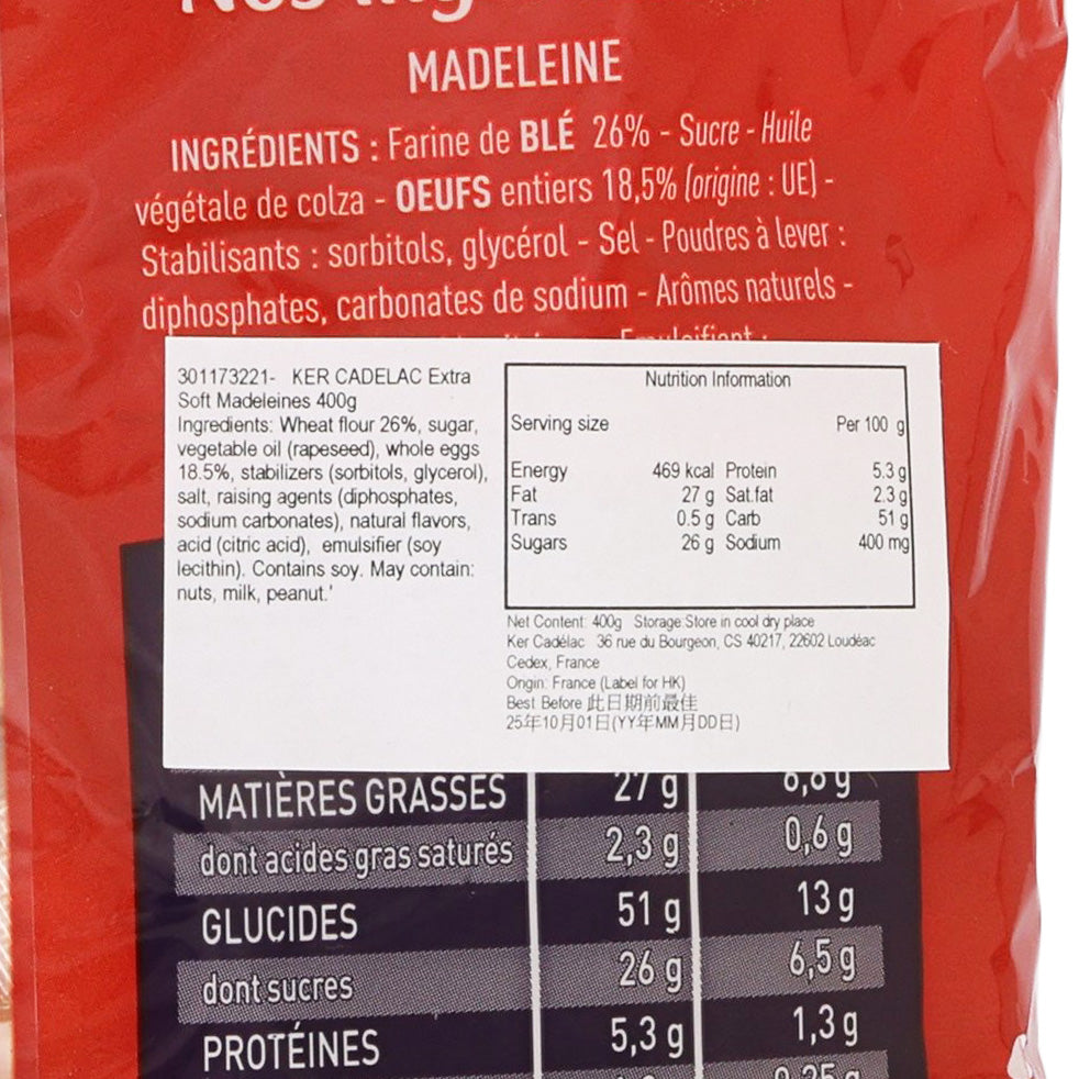 KER CADELAC Extra Soft Madeleines package back with ingredients and nutrition panel
