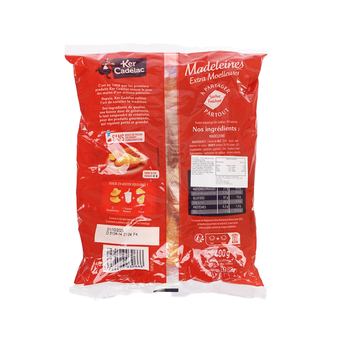 Back of red KER CADELAC madeleines bag, 400g