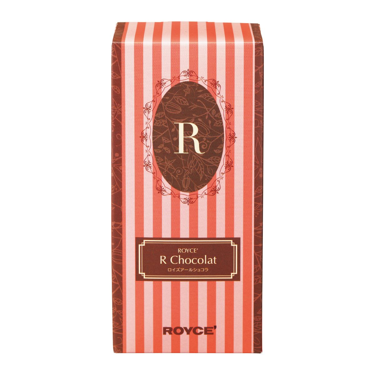 Chocolate box with ROYCE' R logo on pink striped wrapper