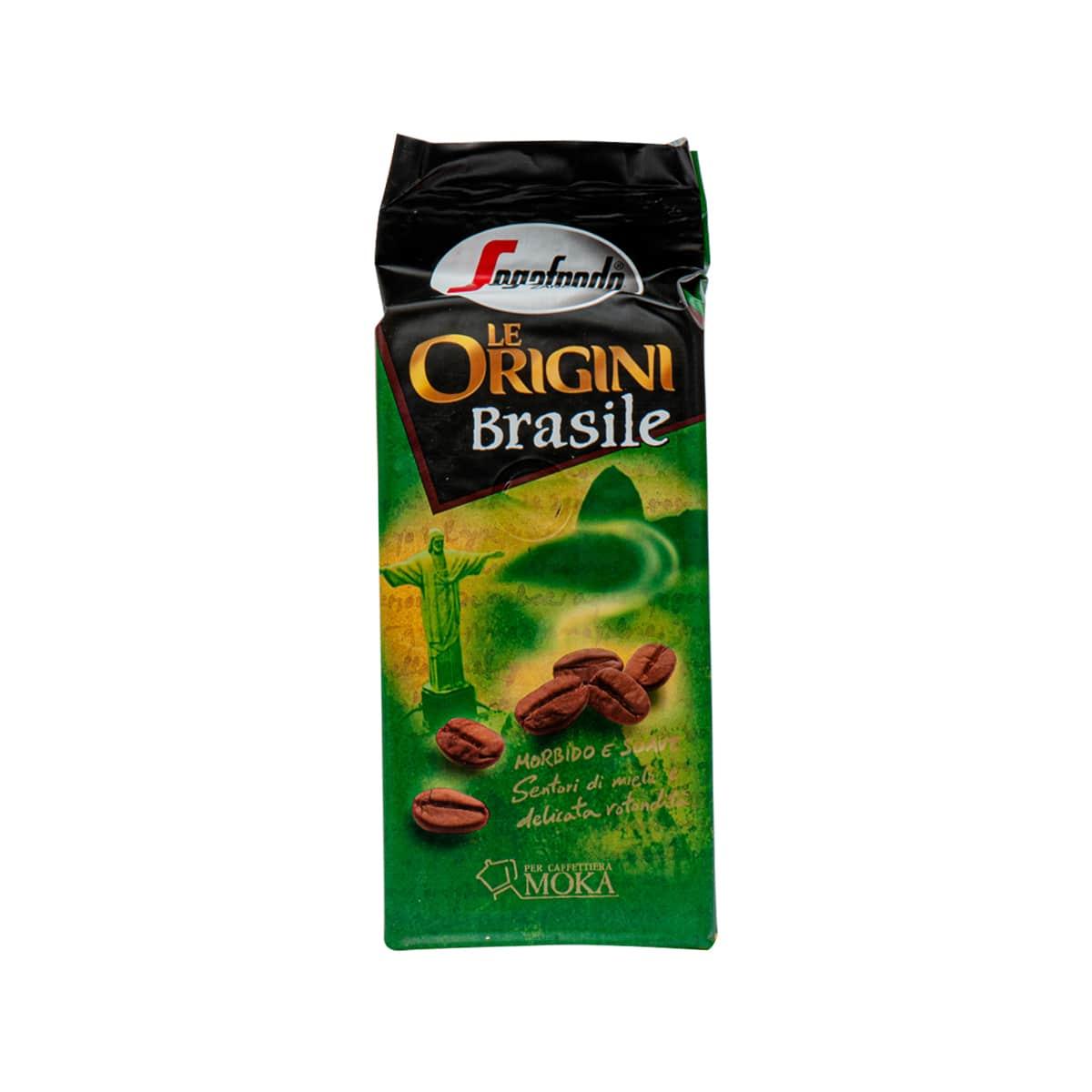Ground coffee bag in dark green and black with Brasil label and logo