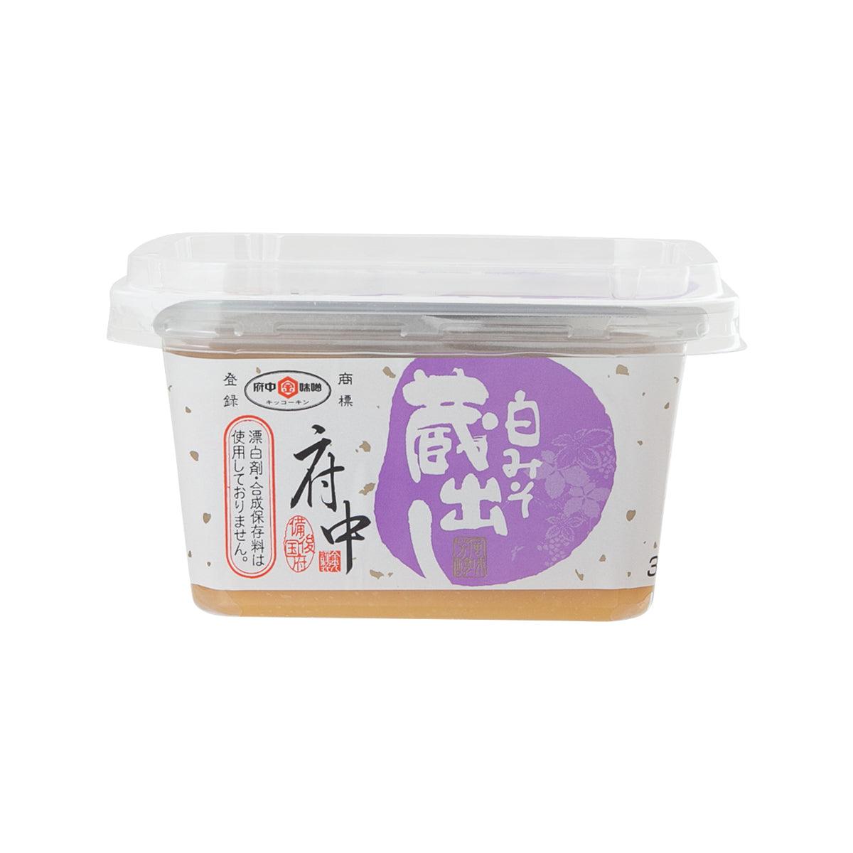 KANEMITSU white miso paste tub, clear lid, cream label with purple circle