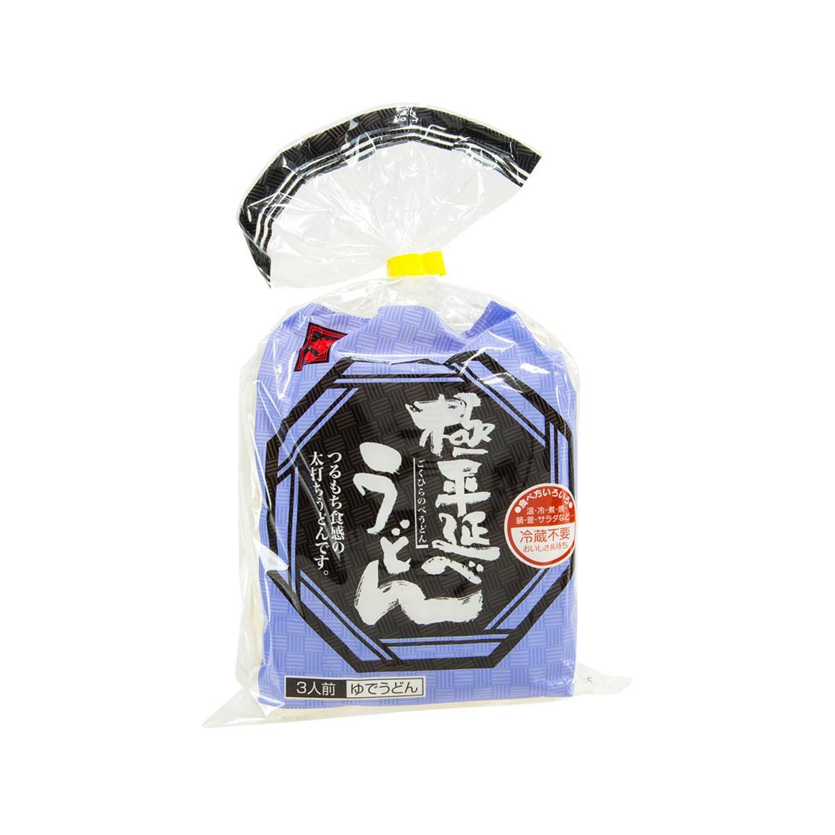 Packaged flat udon noodles, blue front label in sealed bag