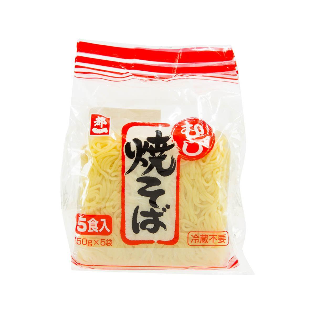 MIYAKOICHI frying noodles pouch, front view, yellow noodles inside, 5 servings