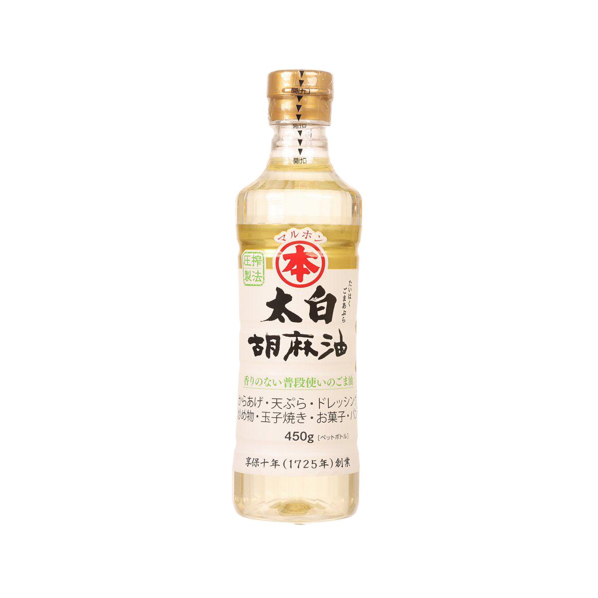 TAKEMOTOOIL Taihaku sesame oil bottle, 450g, clear glass with gold cap