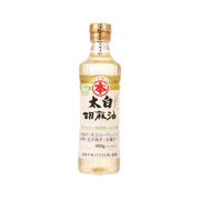 TAKEMOTOOIL Taihaku sesame oil bottle, 450g, clear glass with gold cap