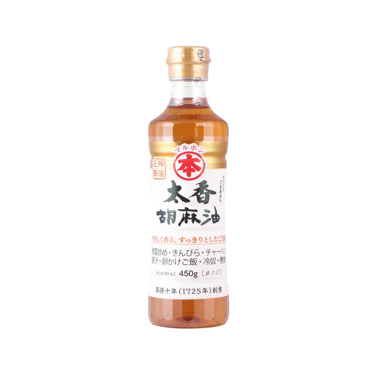 Sesame oil bottle, amber glass with gold cap, front label, 450 g