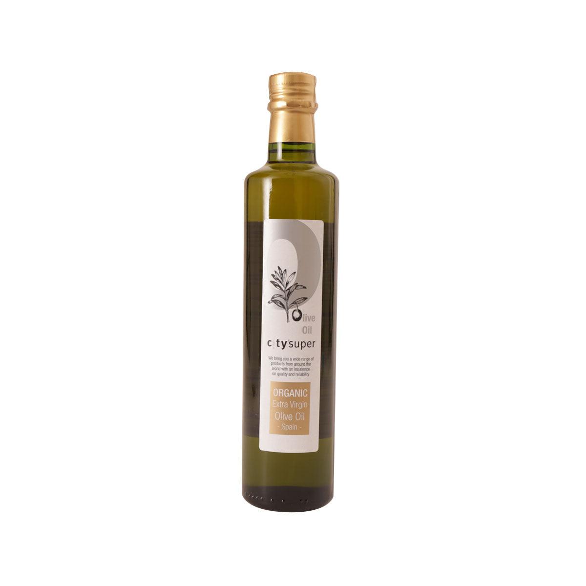 Organic extra virgin olive oil bottle with gold cap and front label