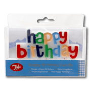 TALA Happy Birthday candle with colorful 'happy birthday' lettering in blister pack