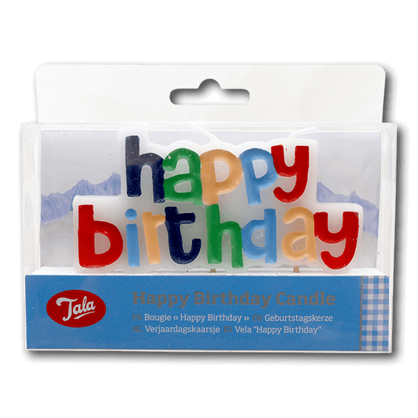 TALA Happy Birthday candle with colorful 'happy birthday' lettering in blister pack