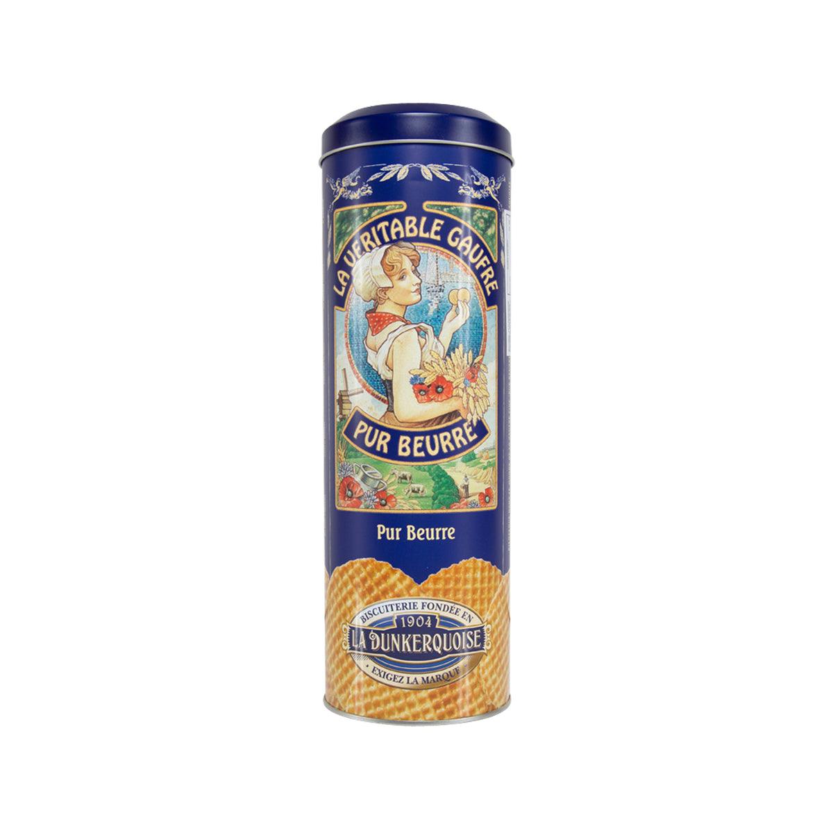 LA DUNKERQUOISE butter waffle tin, blue cylindrical can with illustrated label