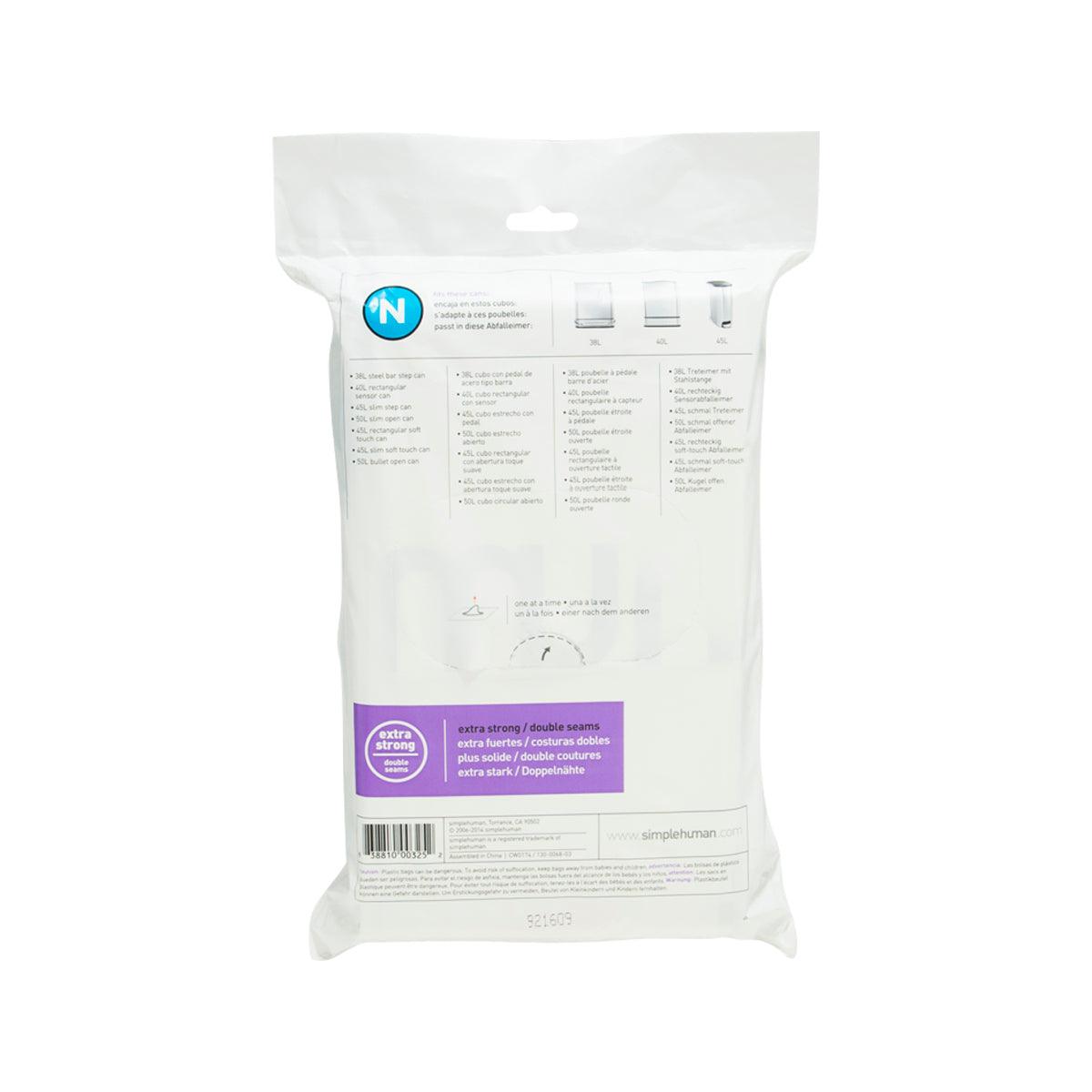SIMPLEHUMAN Code N trash bag pack, back view with label and instructions, white