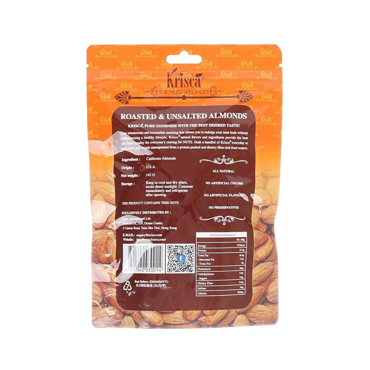 KRISCA roasted & unsalted almonds bag, back with ingredients and nutrition panel