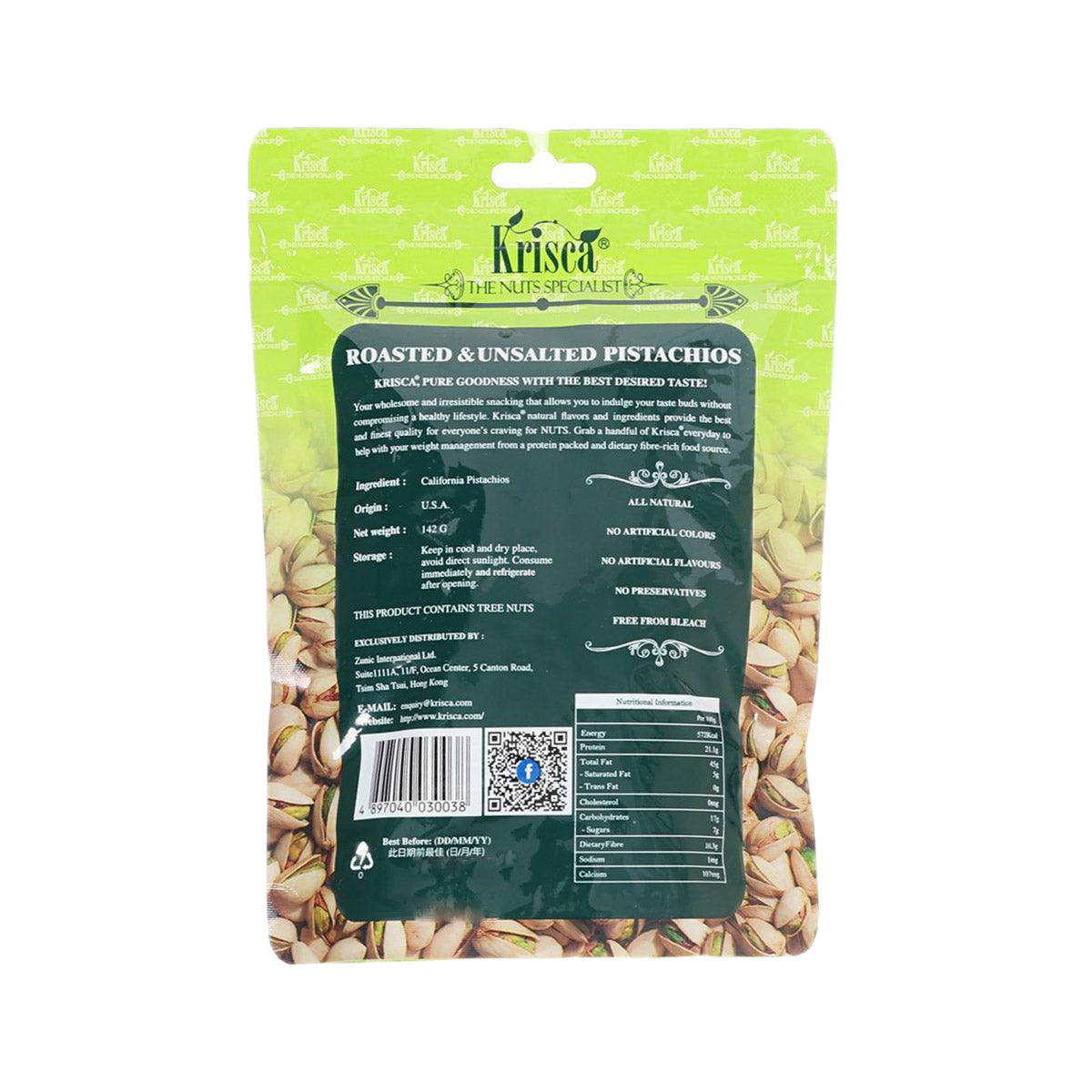 KRISCA roasted and unsalted pistachios back of pouch with nutrition text
