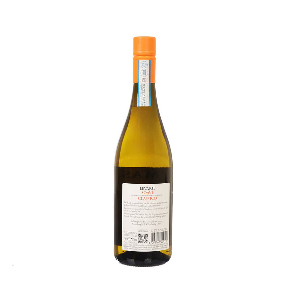 MASI Levarie Soave DOC wine bottle, 750 mL, back label and barcode