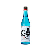 OKUNOMATSU junmai ginjo sake bottle, teal glass with illustrated label and foil cap