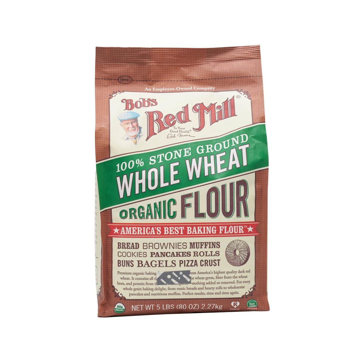 Organic whole wheat flour bag, brown packaging with green "Whole Wheat" label
