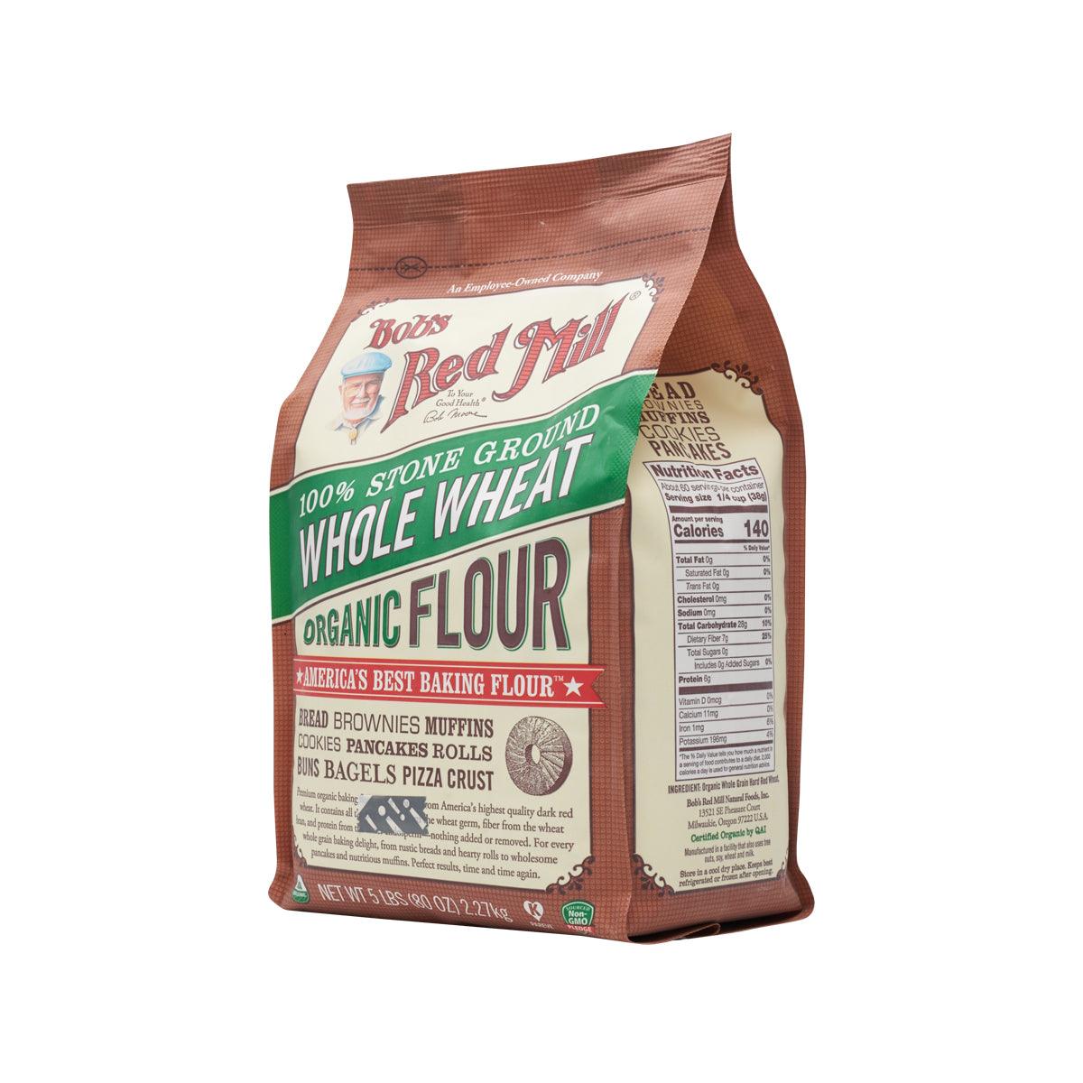 Organic whole wheat flour bag standing view, brown with green "Whole Wheat" panel