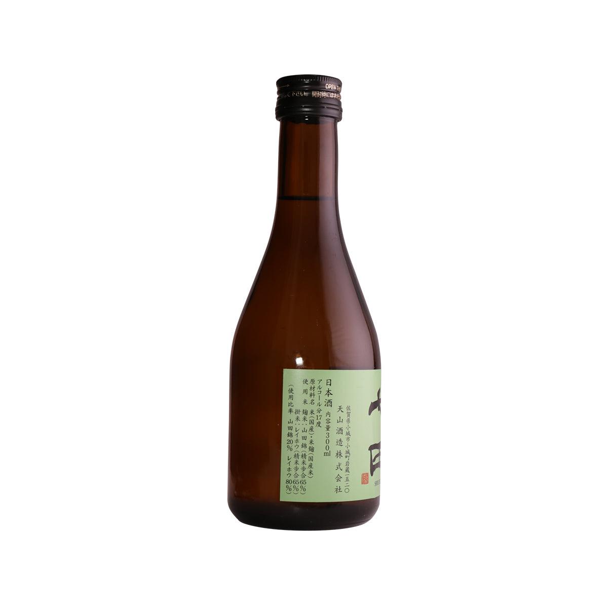 Junmai sake bottle, brown glass with black cap and back label text