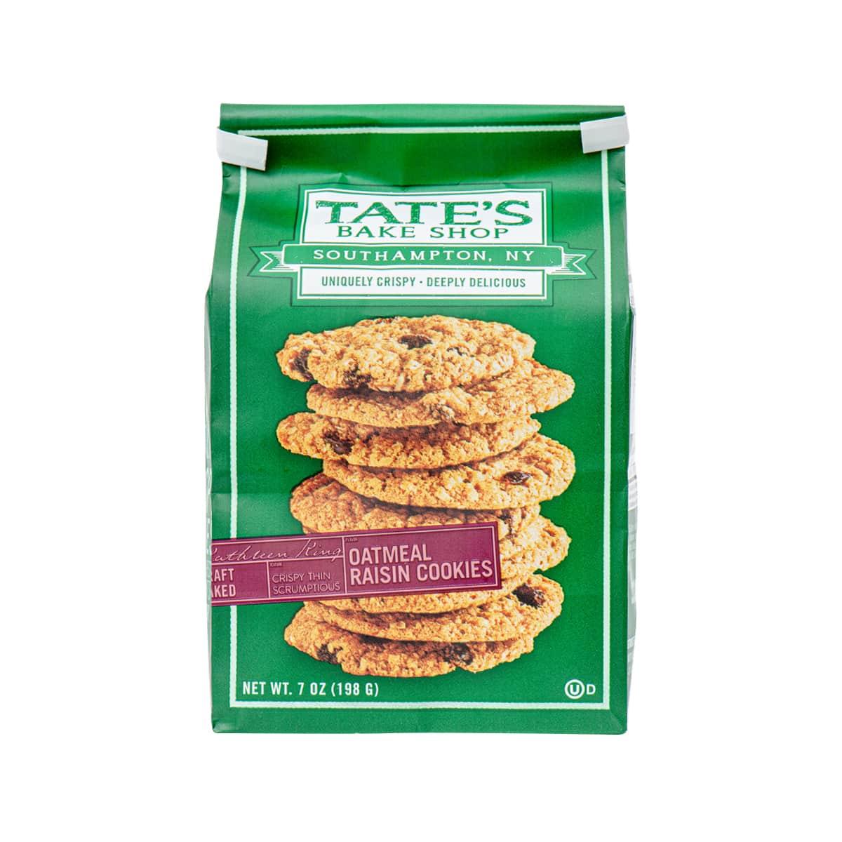 Green cookie bag showing oatmeal raisin cookies stacked on the front label.