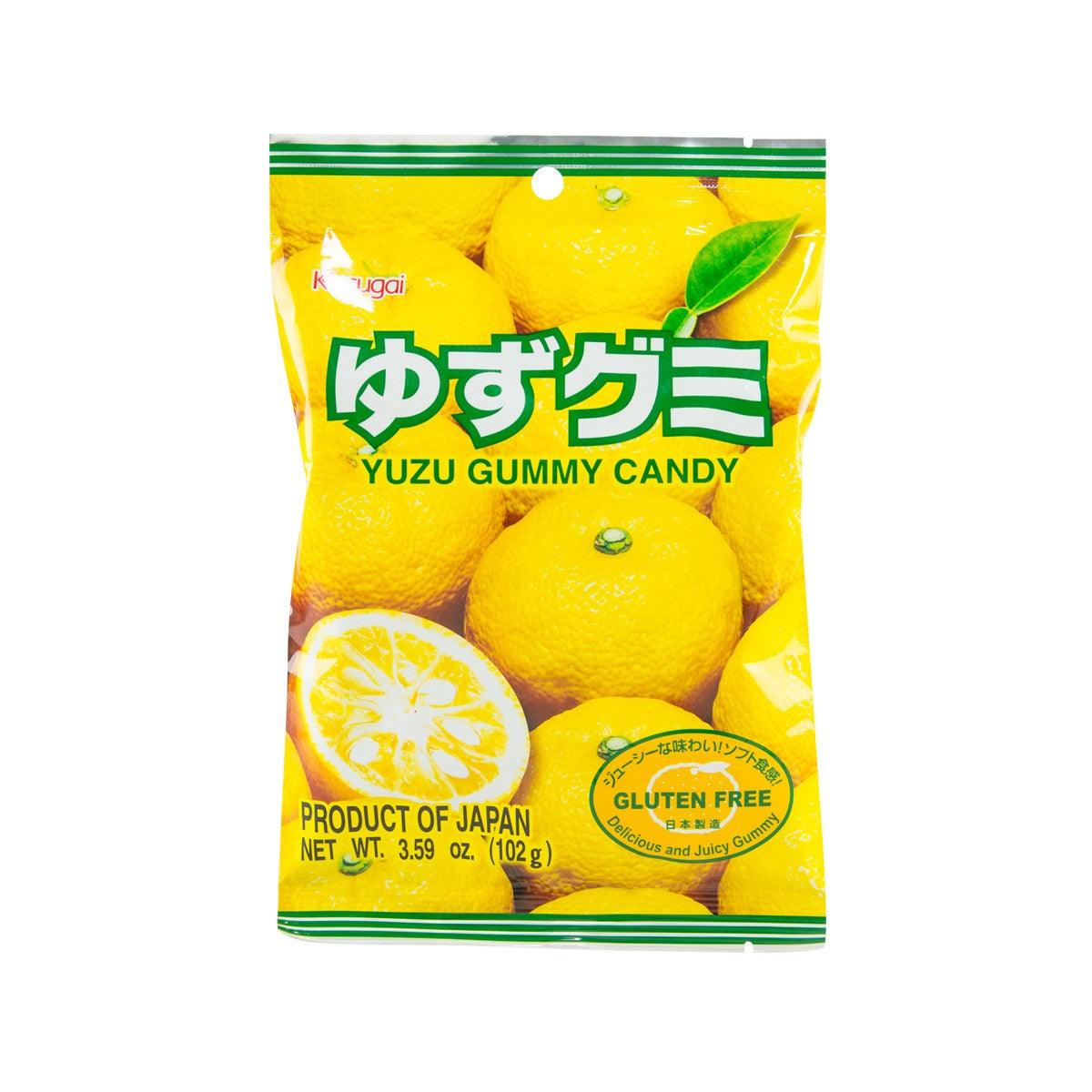 KASUGAI yuzu gummy candy bag, yellow pouch with fruit illustrations