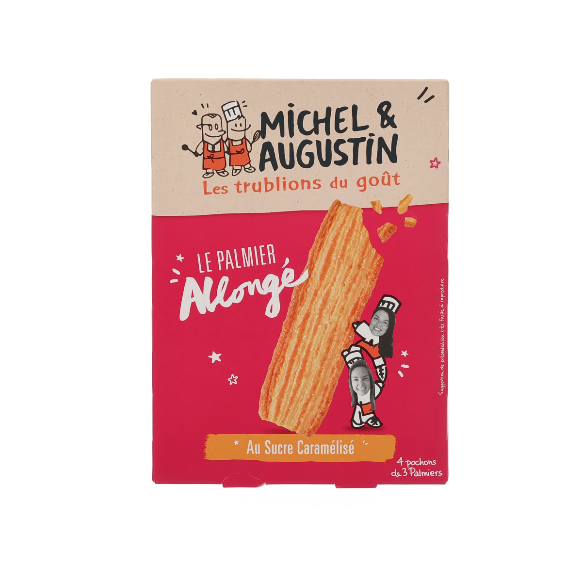 MICHEL & AUGUSTIN palmier pastry box, orange-gold flaky treats and red branding