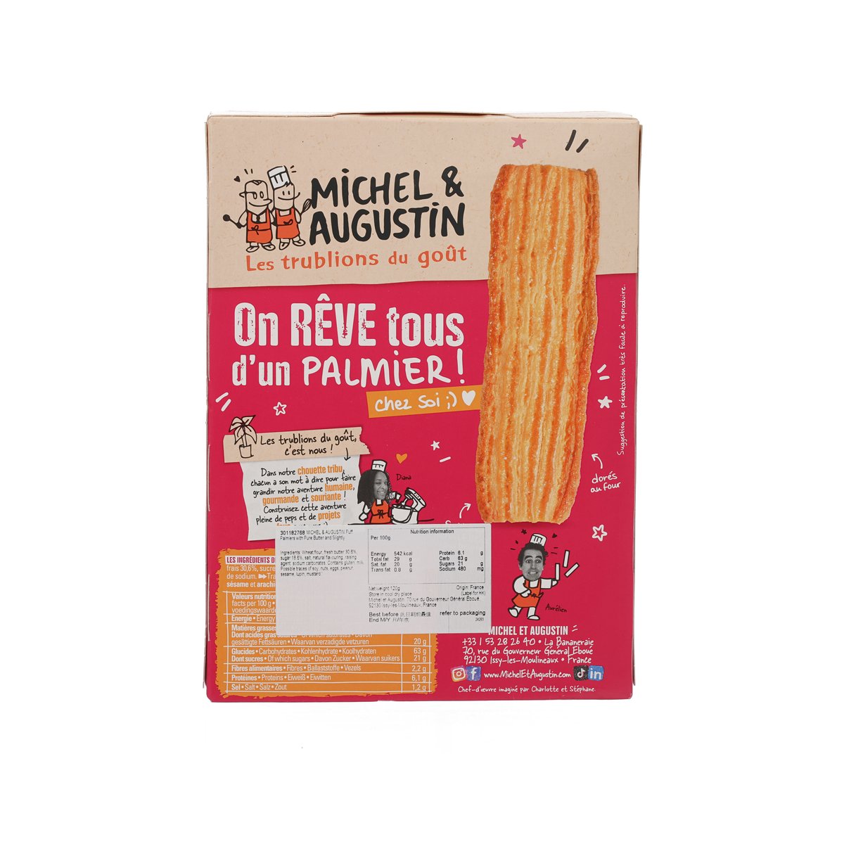 MICHEL & AUGUSTIN palmier pastry box, tall orange pastry illustration on front panel