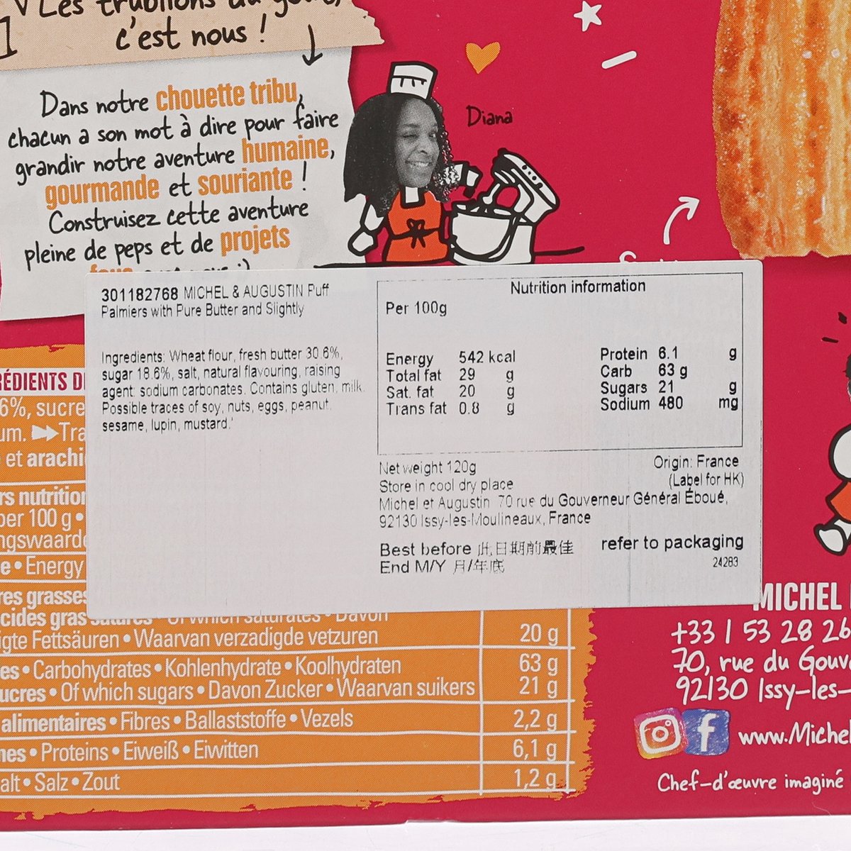 MICHEL & AUGUSTIN palmier nutrition label close-up with ingredients and values