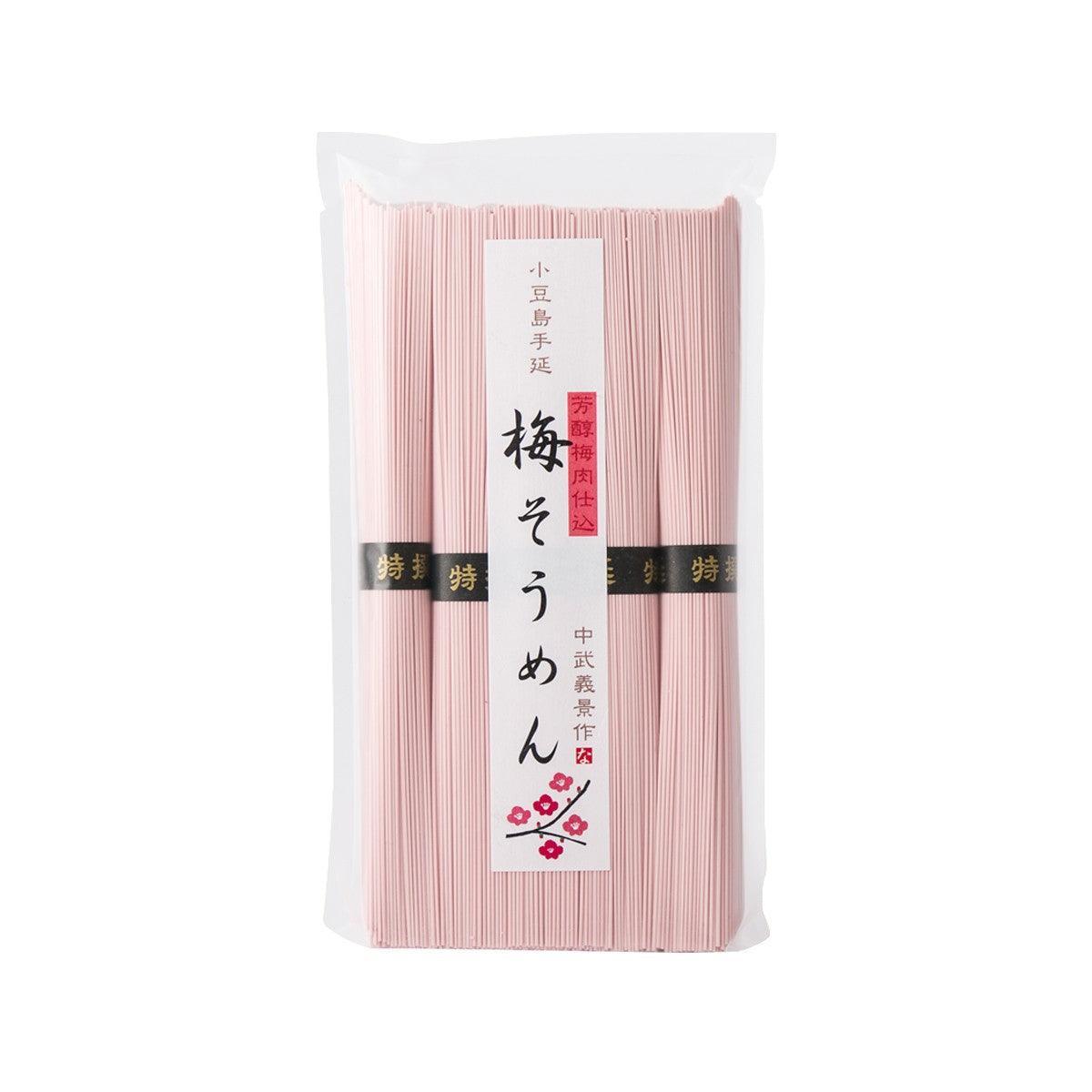 NAKABU SHOTEN handmade plum somen noodles, pink package with noodle bundle visible