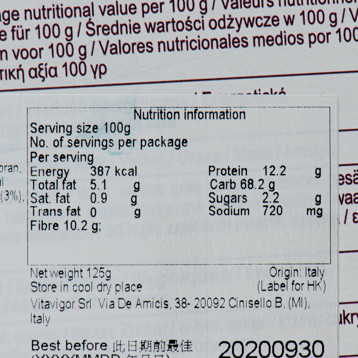 Nutrition information panel for multigrain breadsticks, serving size 100g