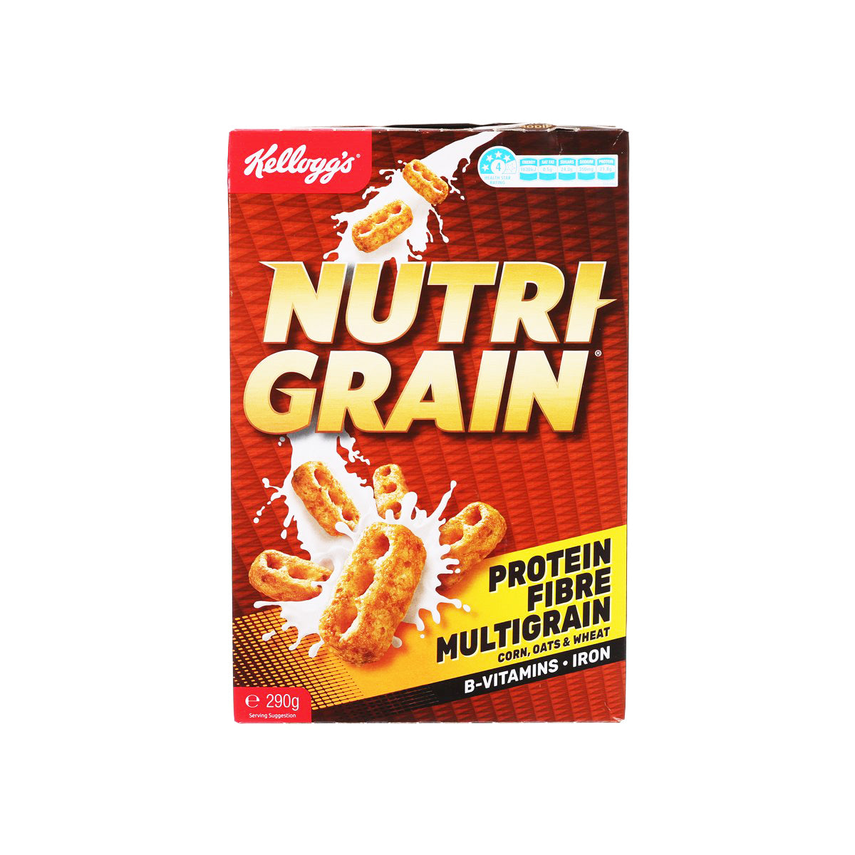 Kellogg's Nutri-Grain cereal box, red multigrain design with protein and fiber callouts
