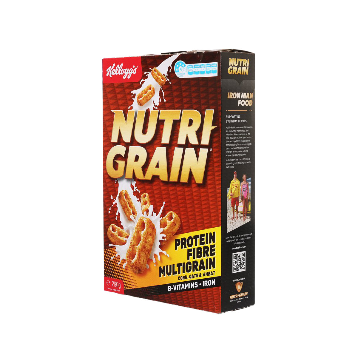 Kellogg's Nutri-Grain cereal box, red front with side nutrition and product information panel