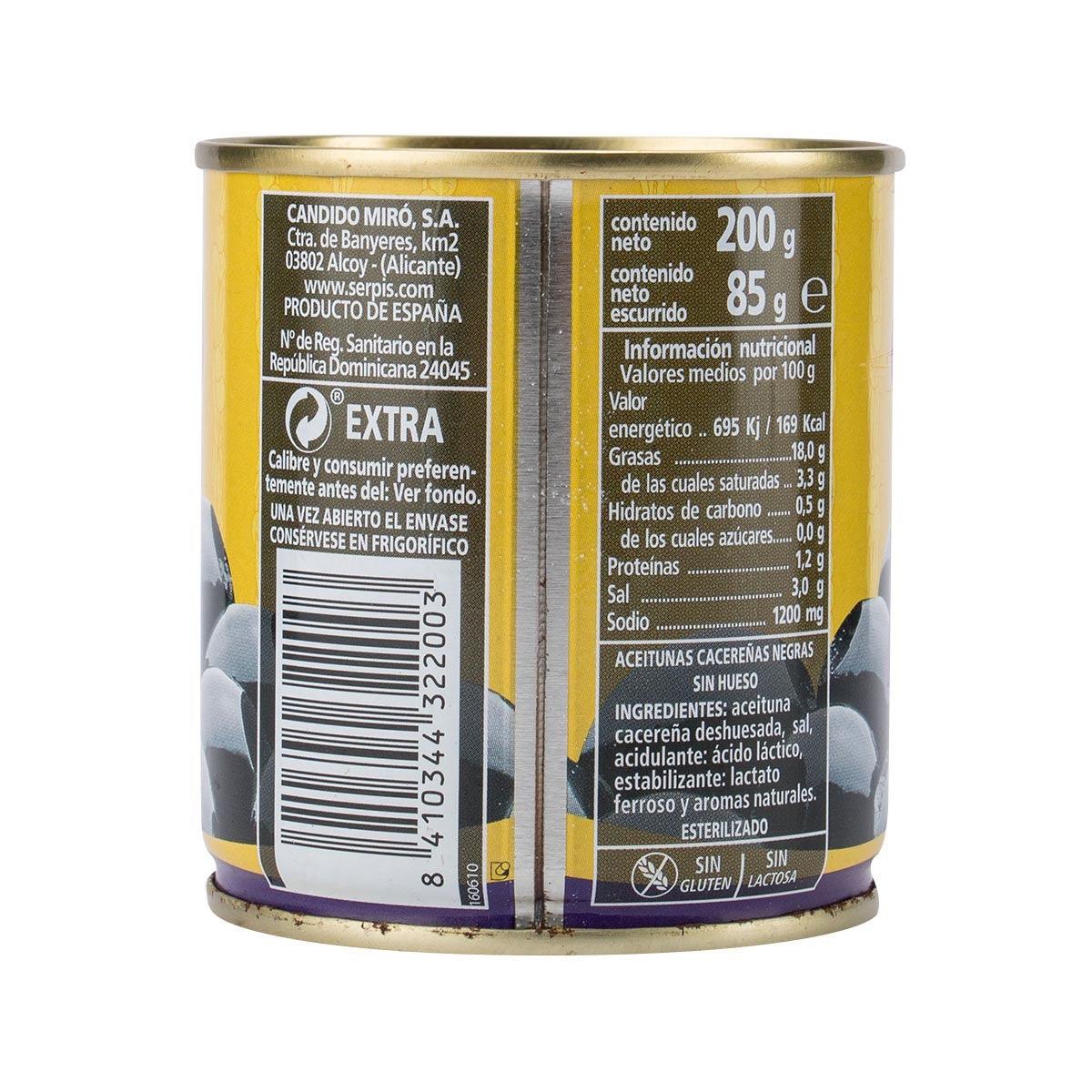 SERPIS black pitted olives can, back label with ingredients, 200 g