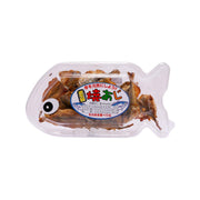 Roasted mackerel snack in clear plastic tray with oval label