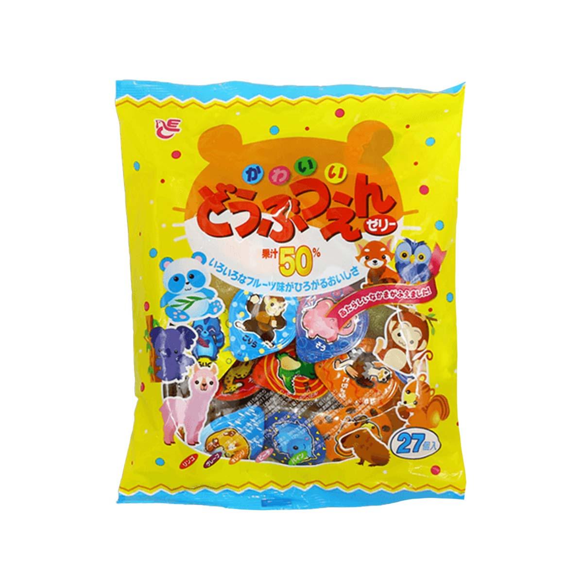 Yellow snack jelly pouch with cartoon animals and assorted gummy bites