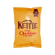 KETTLE Mature Cheddar & Red Onion potato chips bag with front yellow label