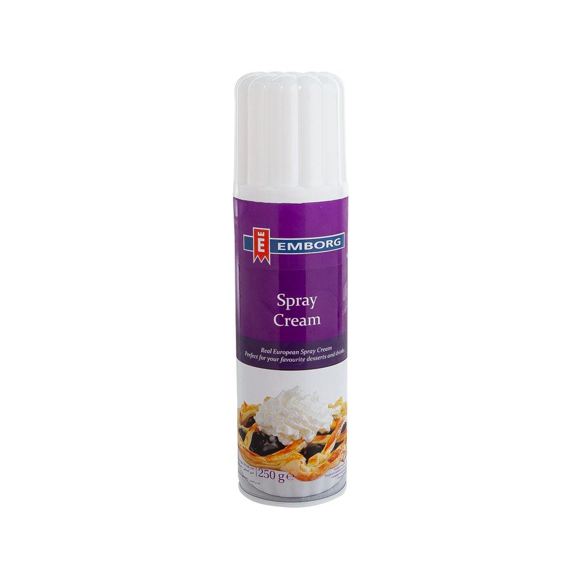 EMBORG UHT spray cream 250g aerosol can, purple and white label